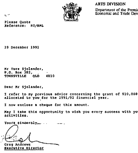 $10.000 Grant from the Premier Of Queensland 1991